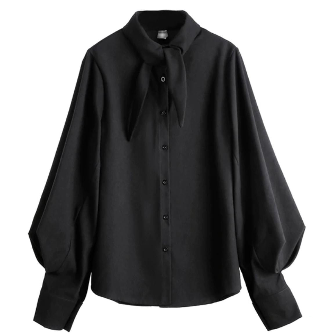 Black, long-sleeve blouse with tie neck.