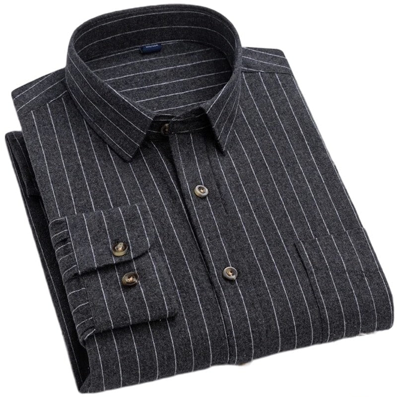 Folded gray shirt with white pinstripes. 
