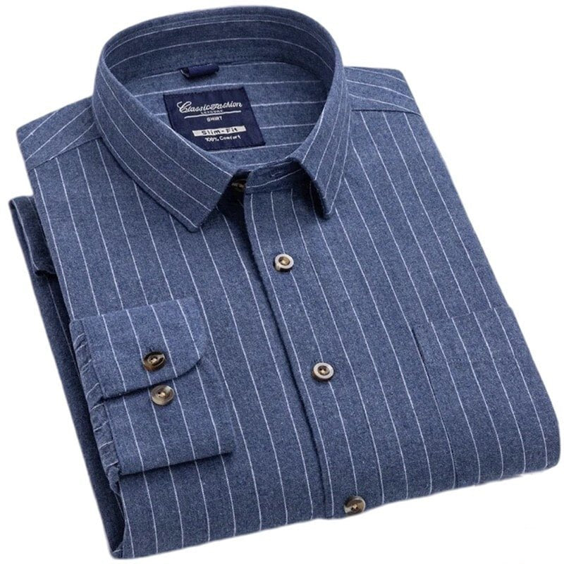 Folded blue pinstripe dress shirt.