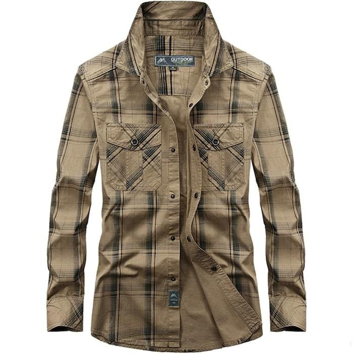 Beige and black plaid long-sleeved shirt with pockets.
