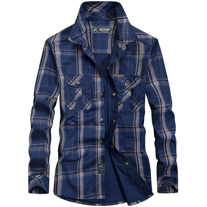 Blue plaid long-sleeved shirt.