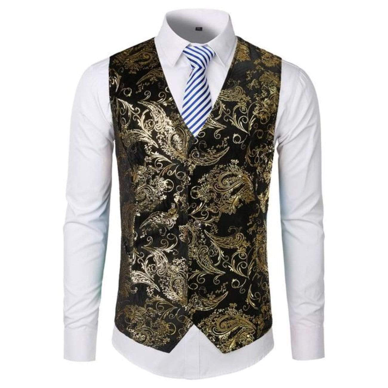 Man wearing a white dress shirt, a blue and white striped tie, and a black and gold patterned vest.