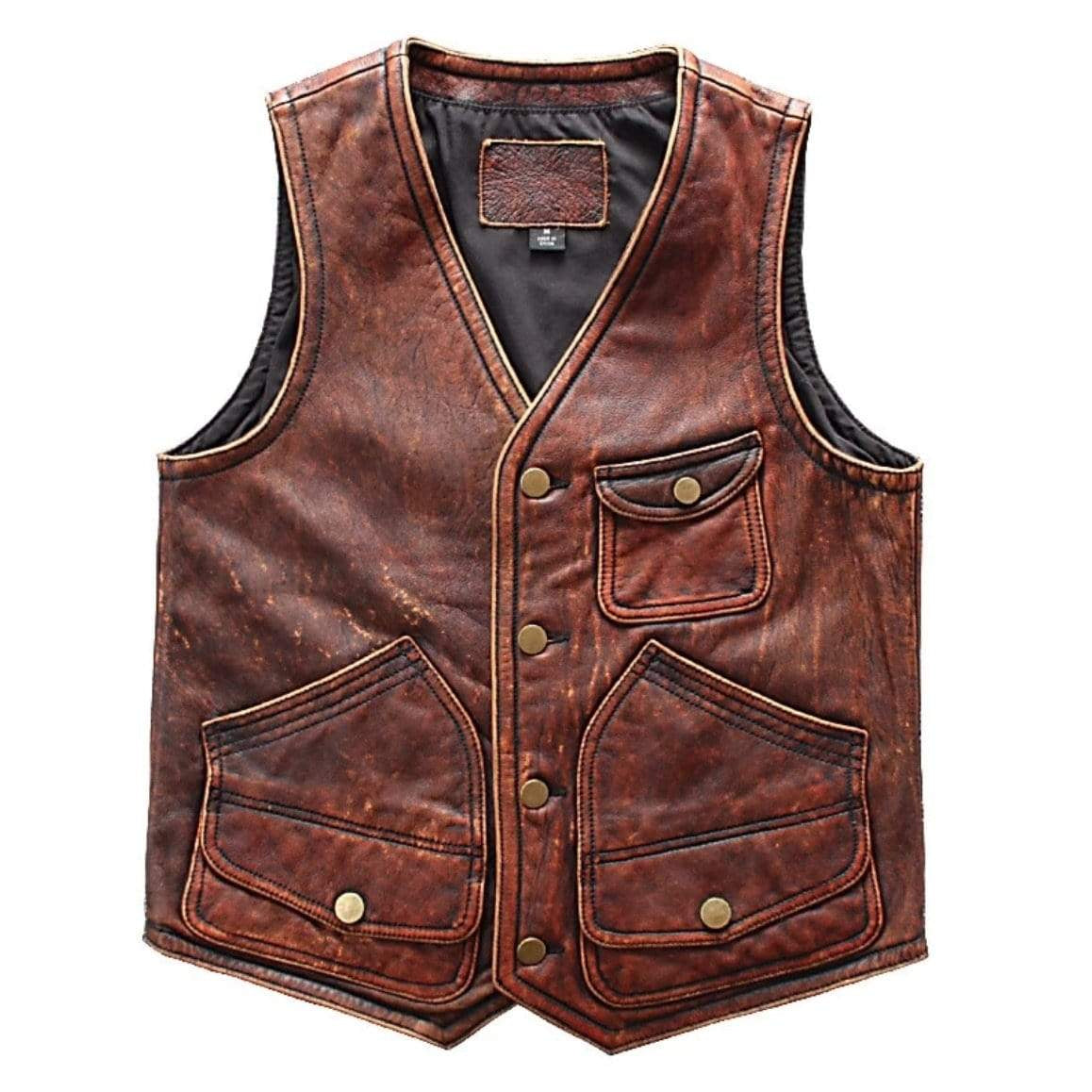 Brown leather vest with pockets and brass buttons.
