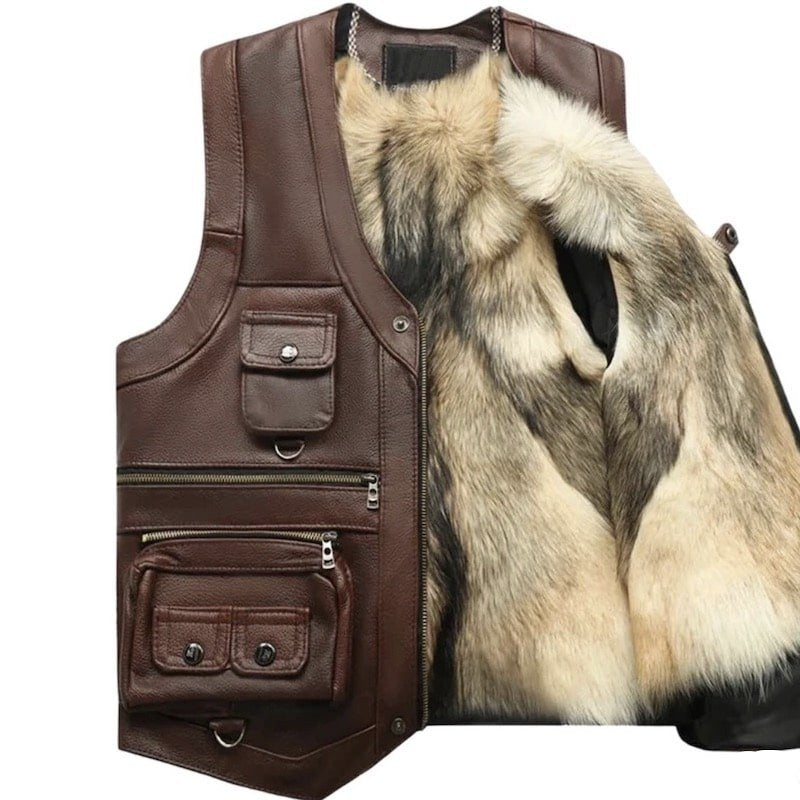 Brown leather vest with fur lining and multiple pockets.