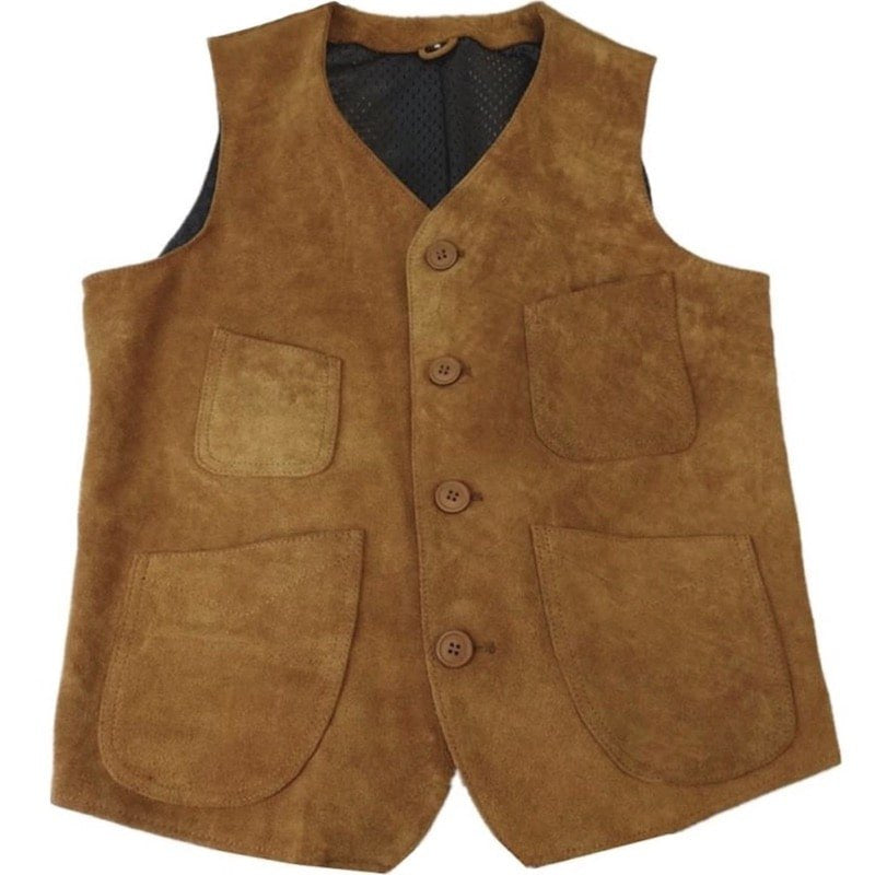 Brown suede vest with four pockets.