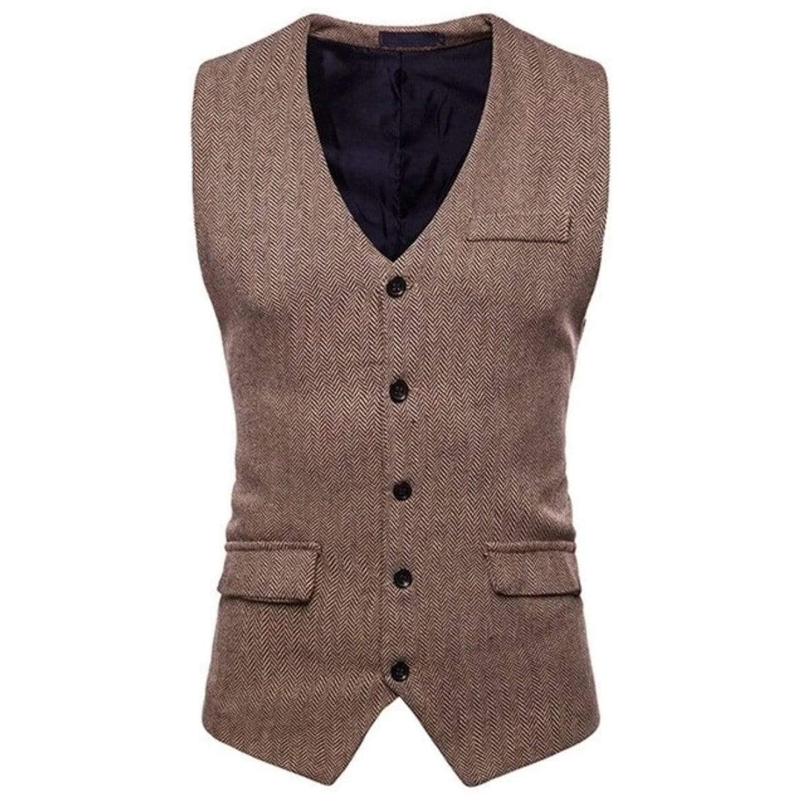 Men's brown herringbone vest with black buttons and pockets.
