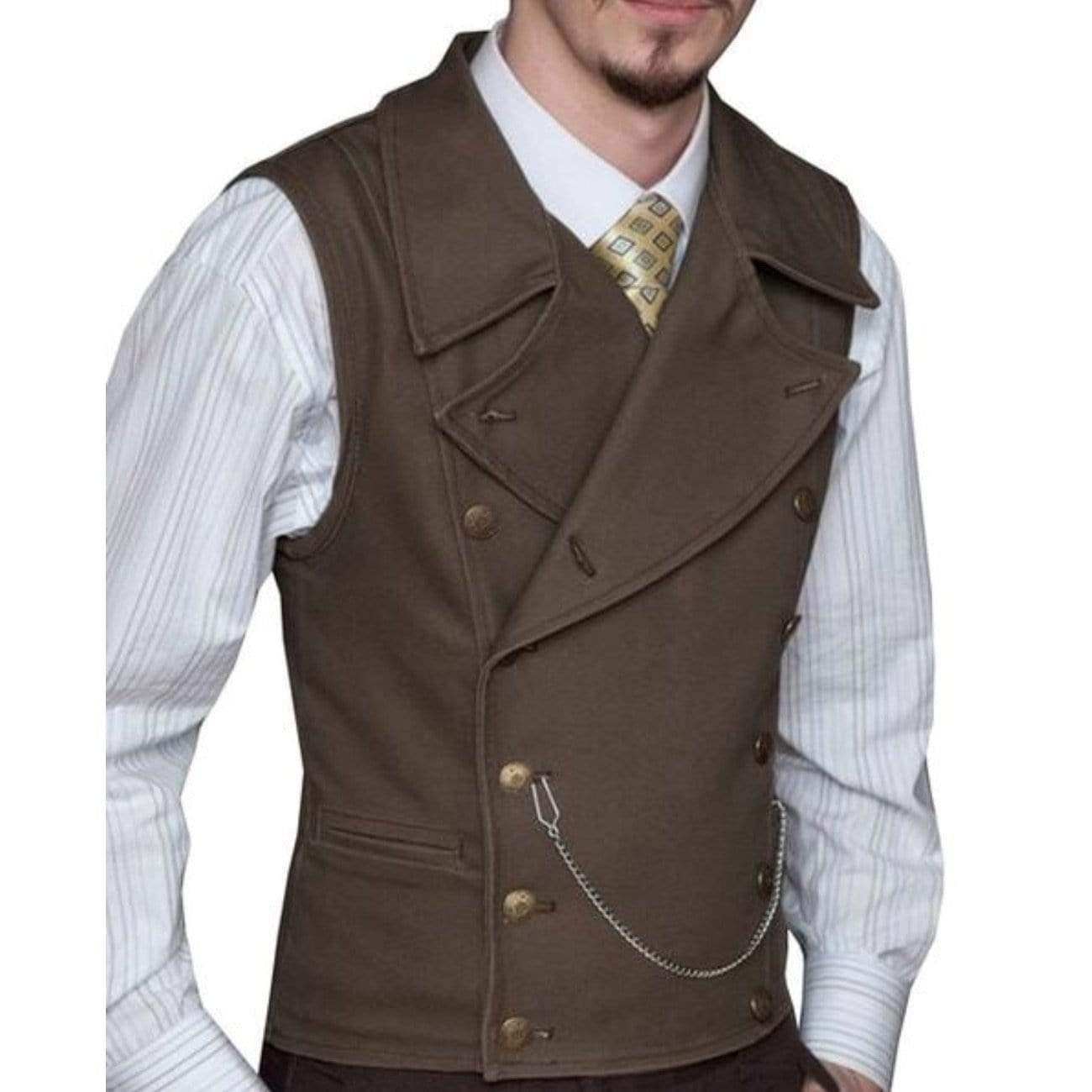 Man in brown double-breasted vest and white striped shirt.