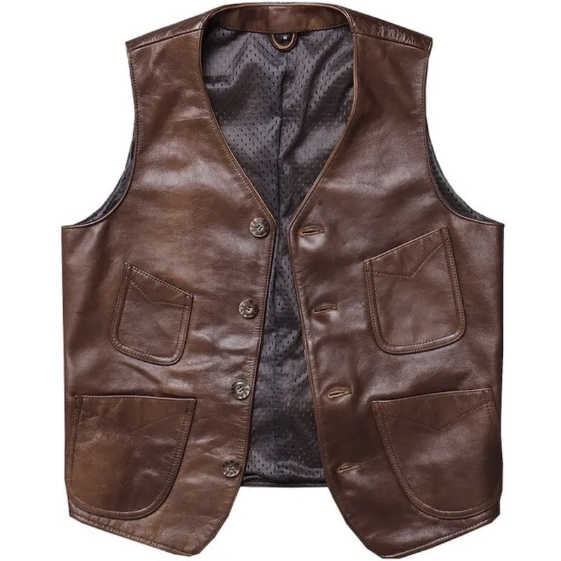 Brown leather vest with pockets and button closure.