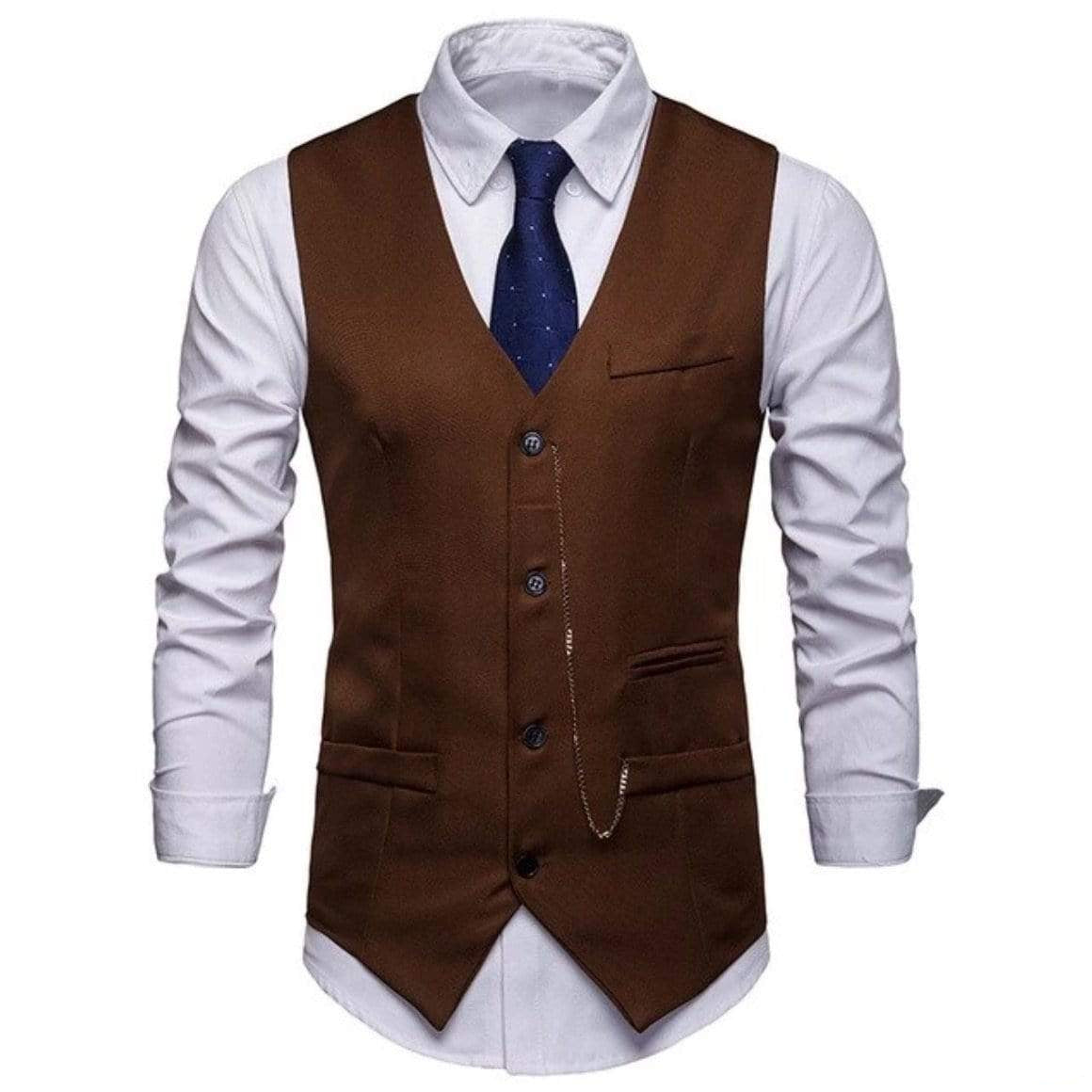 Brown vest, white shirt, blue tie, pocket watch chain.