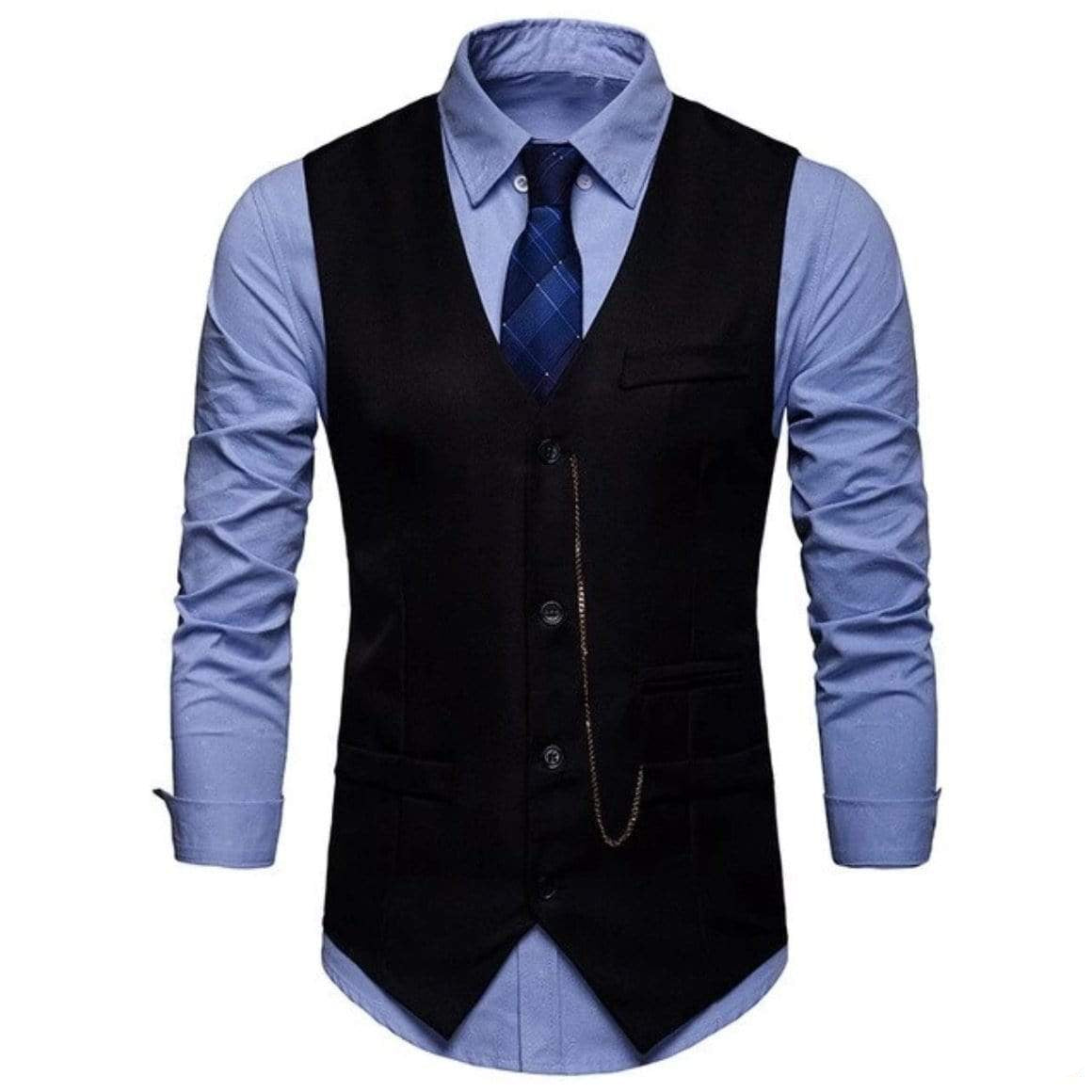 A black vest and blue shirt with tie.
