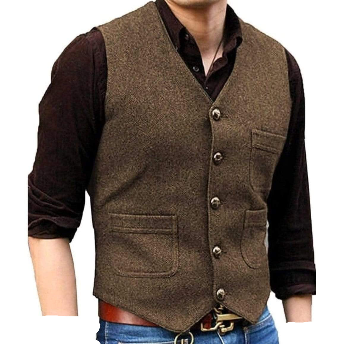 Man in brown tweed vest, brown shirt, and blue jeans.