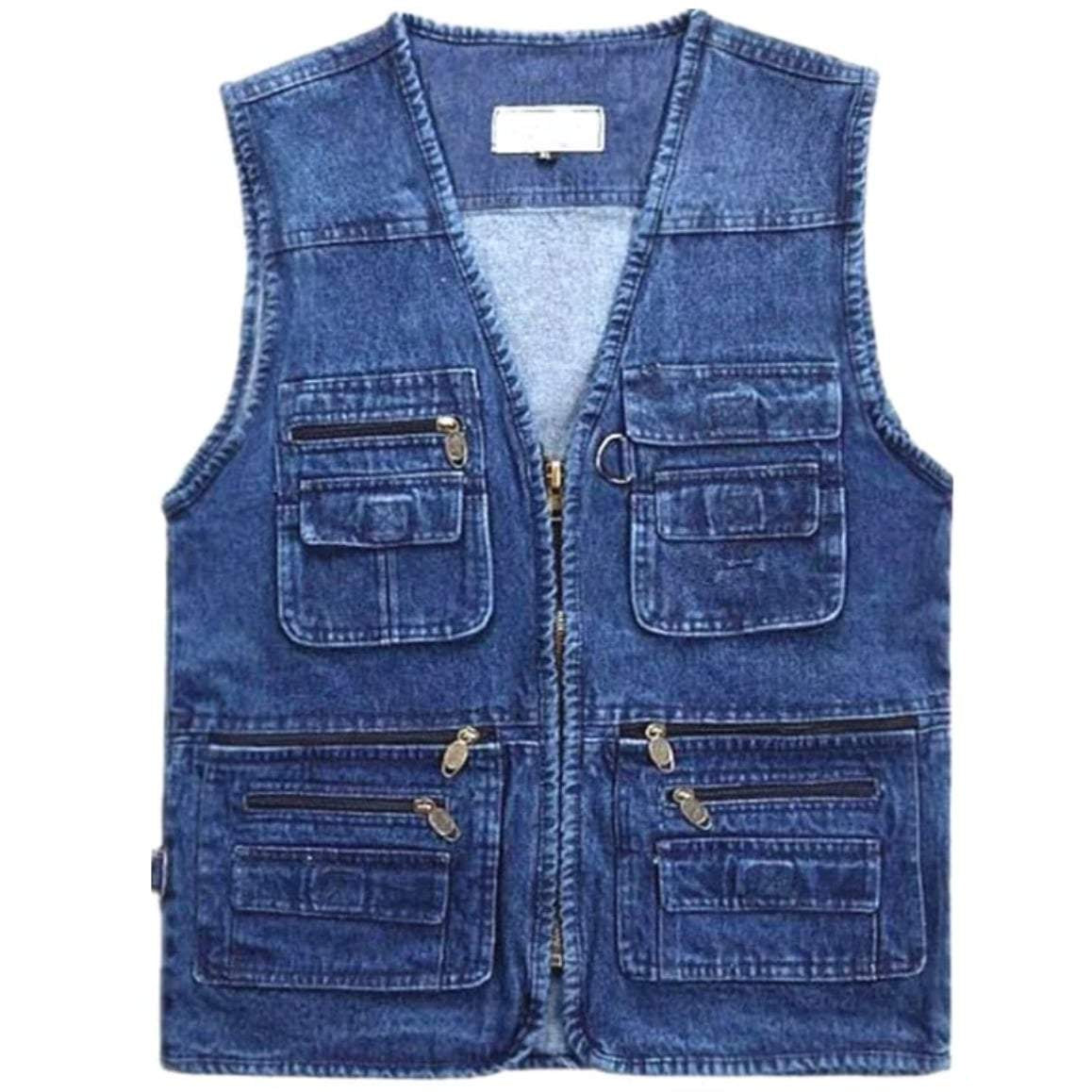Blue denim vest with multiple pockets.