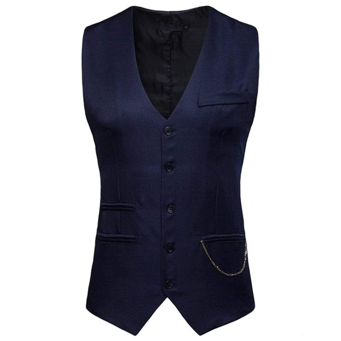Blue formal vest with black lining and pocket chain.