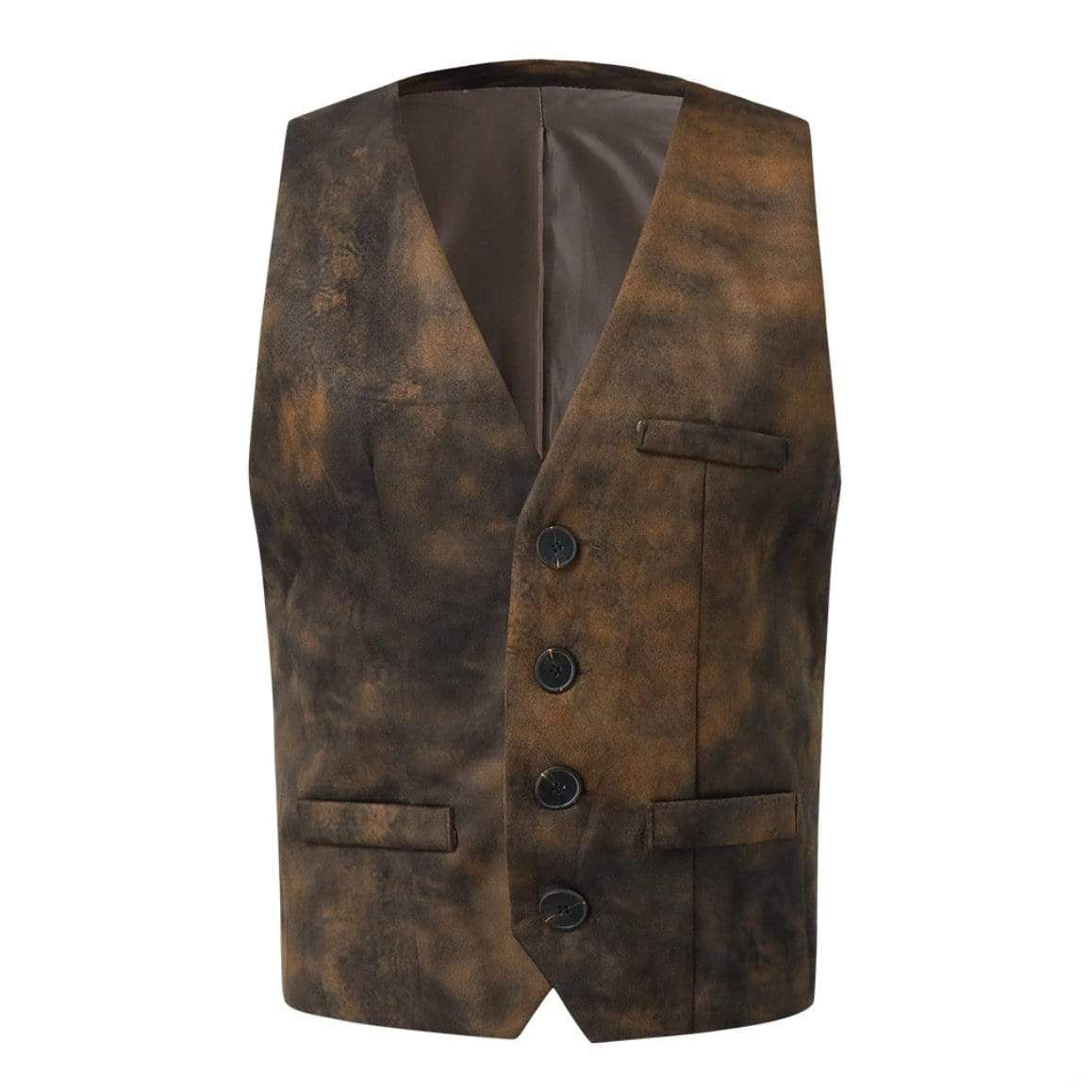 Brown textured vest with four buttons.