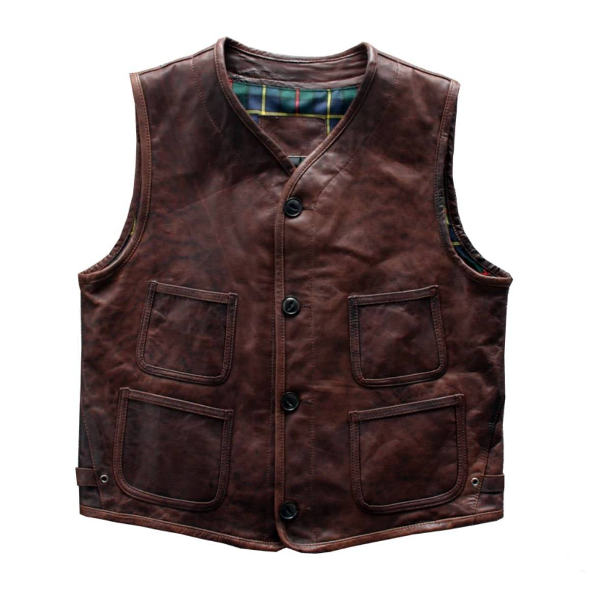 Brown leather vest with four pockets and a plaid lining.

