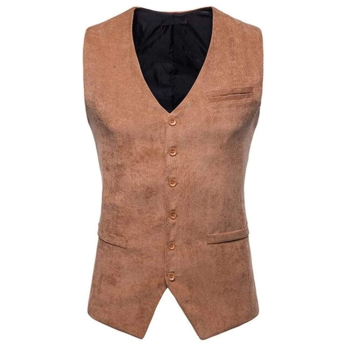 Brown waistcoat with six buttons.