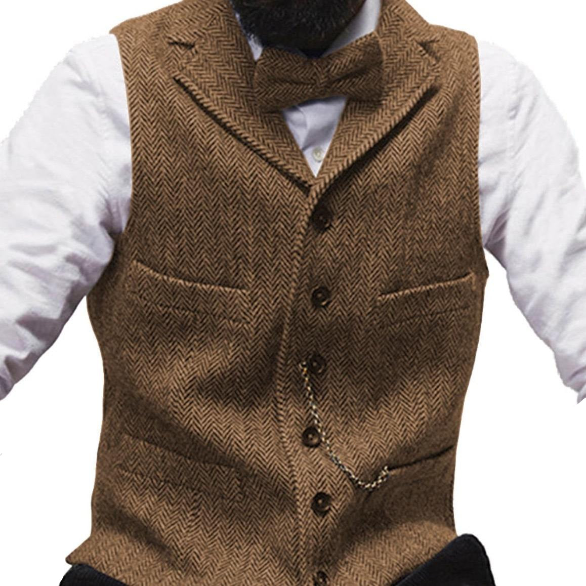 Brown herringbone waistcoat and bowtie, white shirt.

