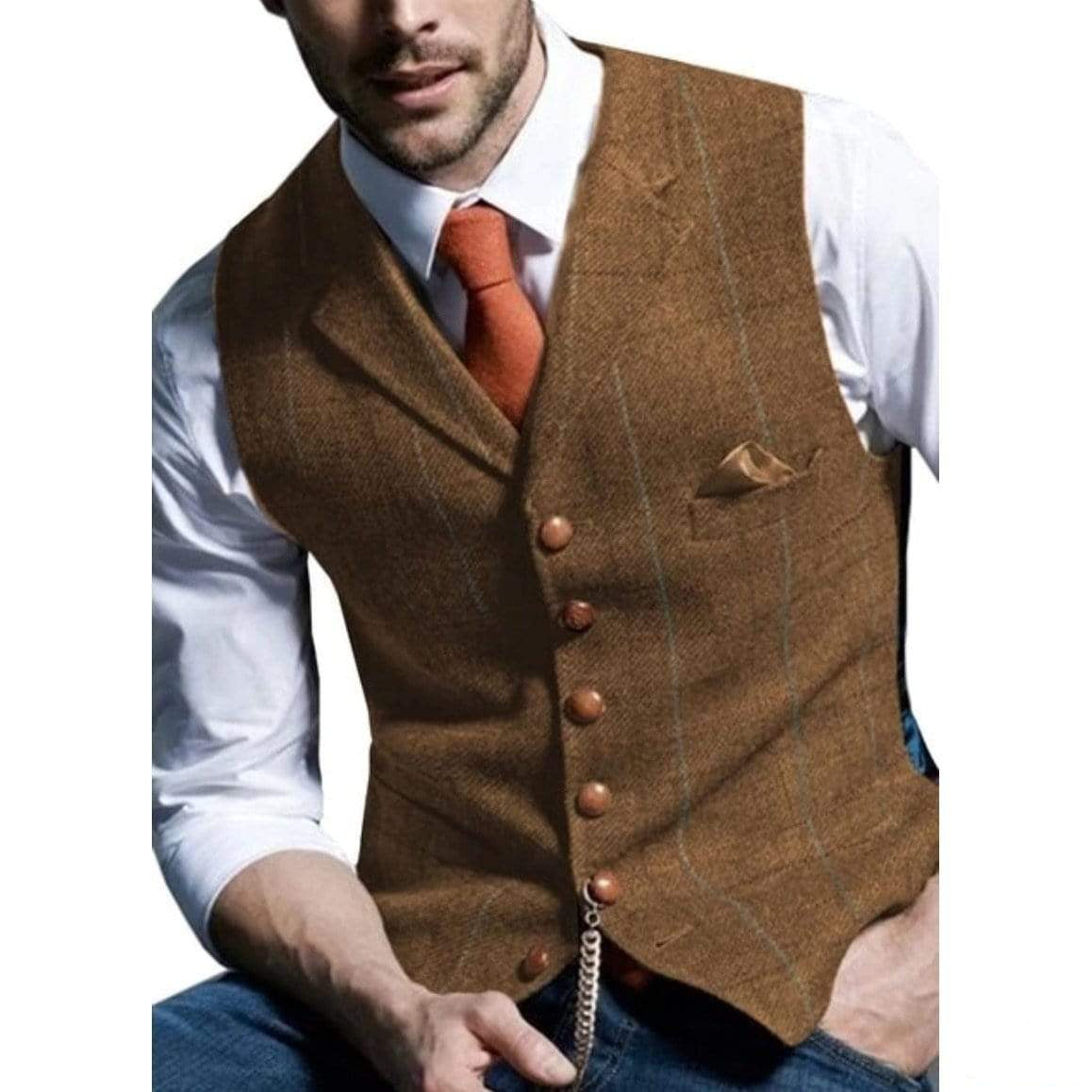 Man in brown tweed waistcoat, white shirt, and orange tie.