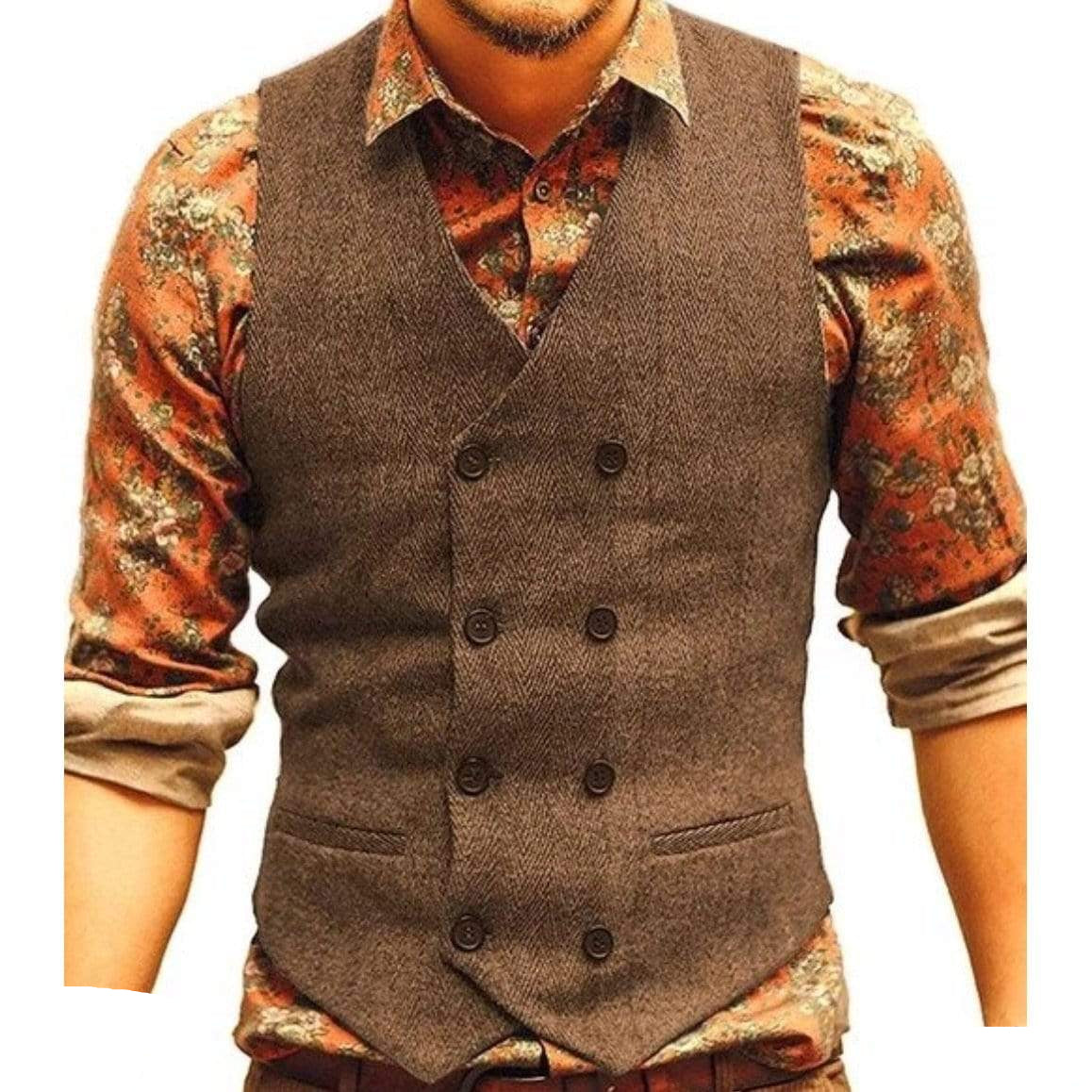 Man wearing brown double-breasted vest over floral shirt.