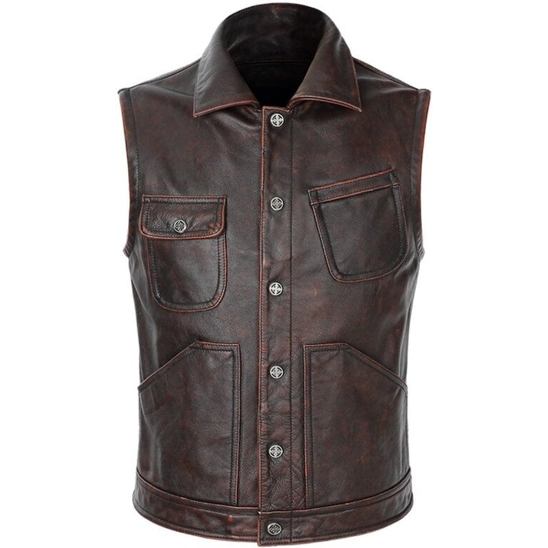 Brown leather vest with silver buttons.