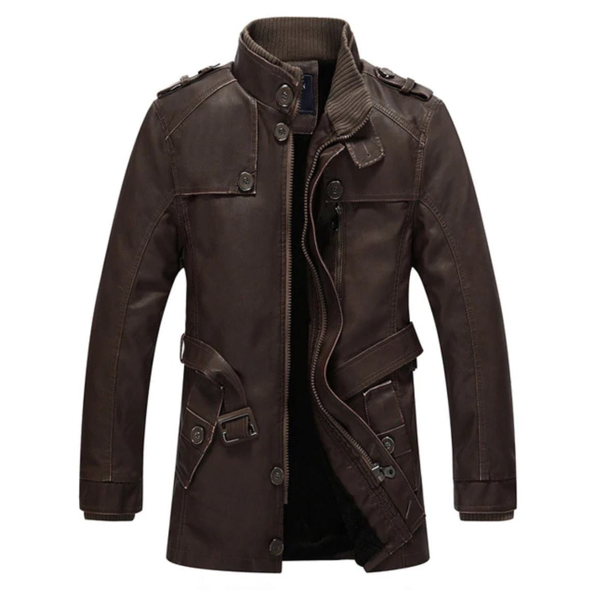 Brown leather jacket, partially unzipped, with buttons.
