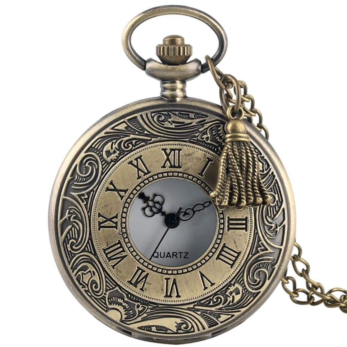Antique bronze pocket watch with tassel and chain.
