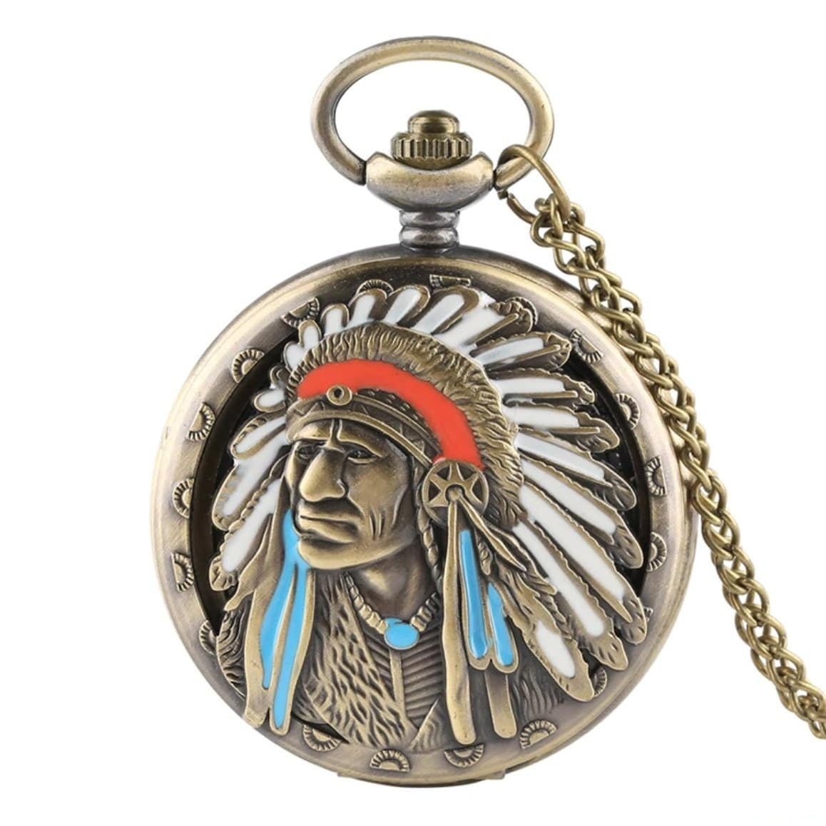 Bronze pocket watch with Native American chief design.