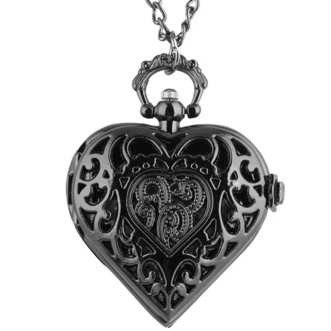 Black, heart-shaped pocket watch necklace.