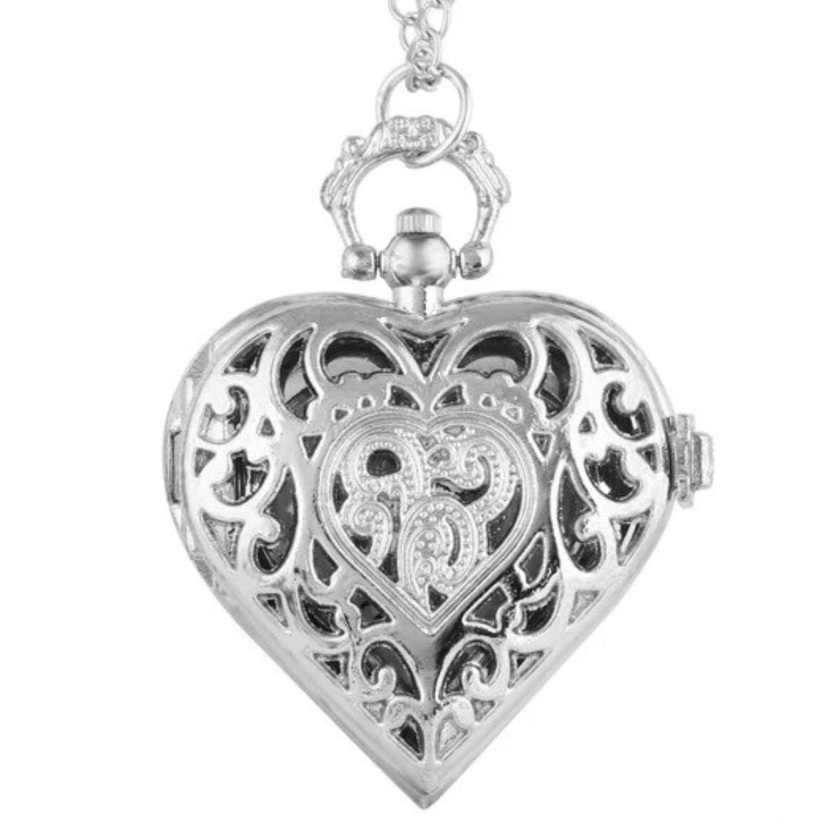 Silver, heart-shaped pocket watch necklace.