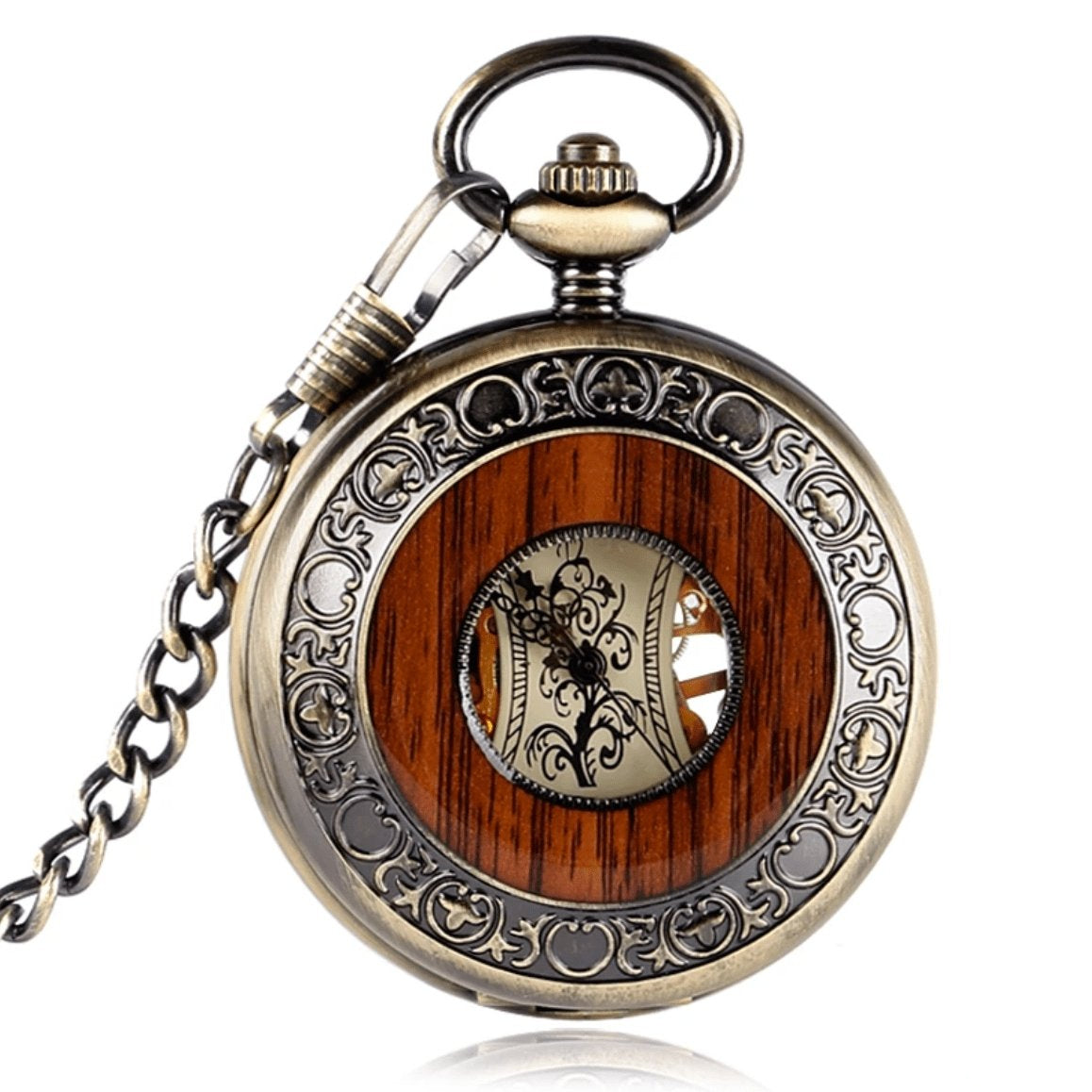 Close-up of a bronze and wood pocket watch with a chain.