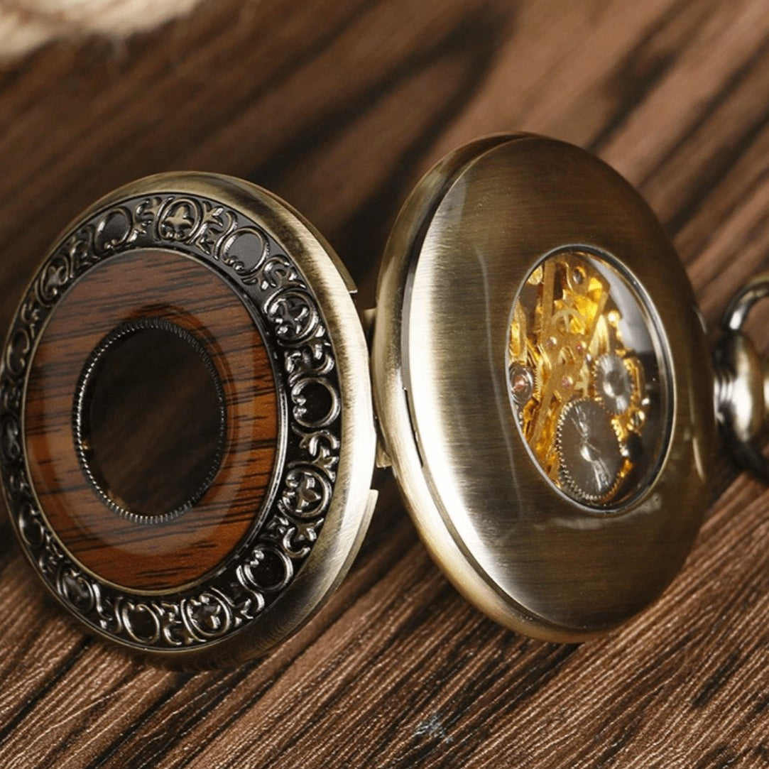 An open, antique-style pocket watch.