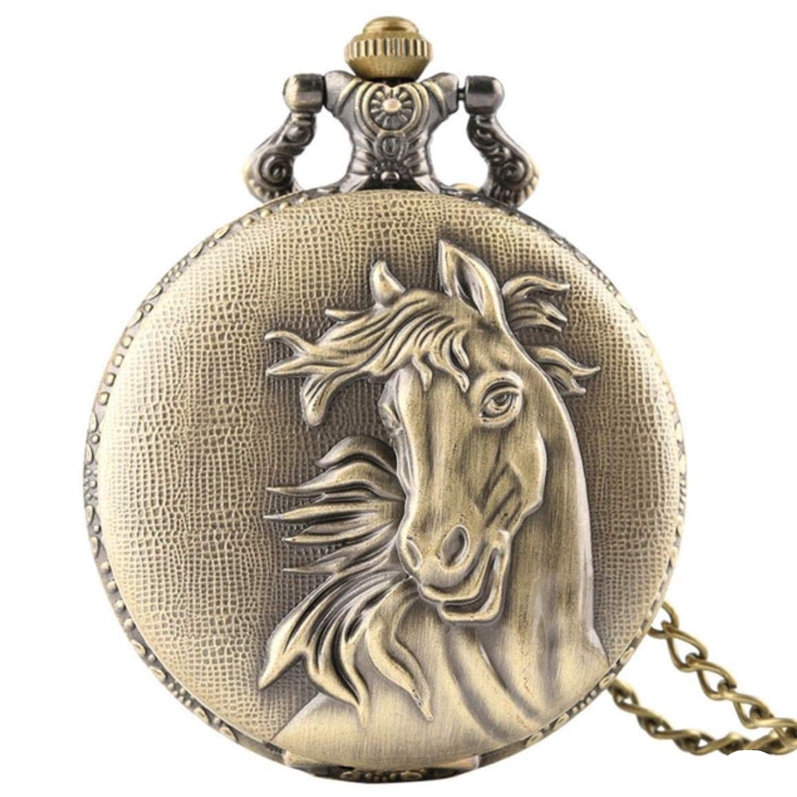 Antique brass pocket watch with a horse design.
