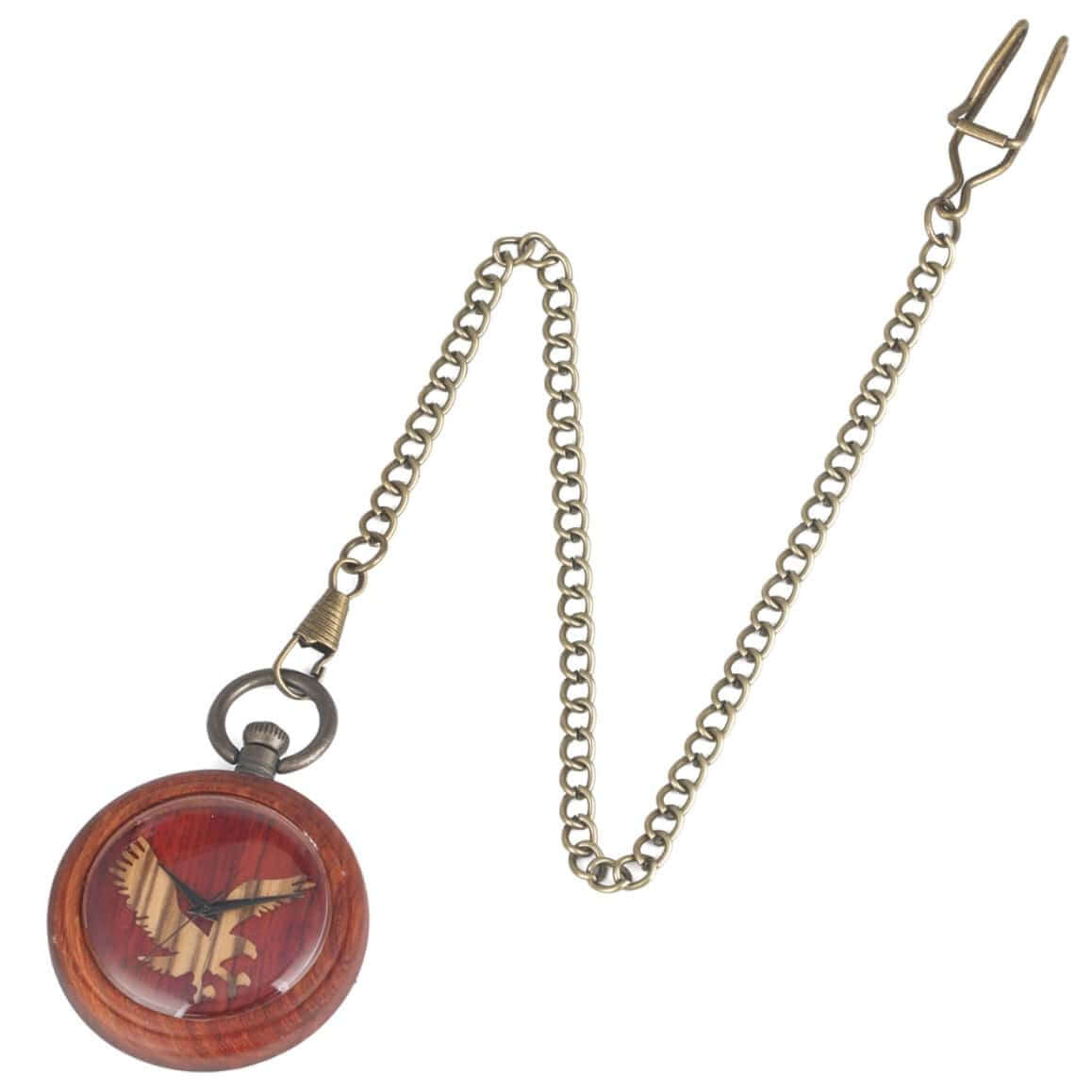 Wooden pocket watch with brass chain.