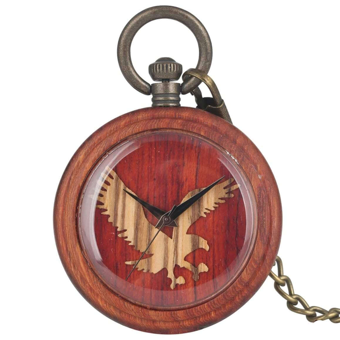 Wooden pocket watch with eagle design.
