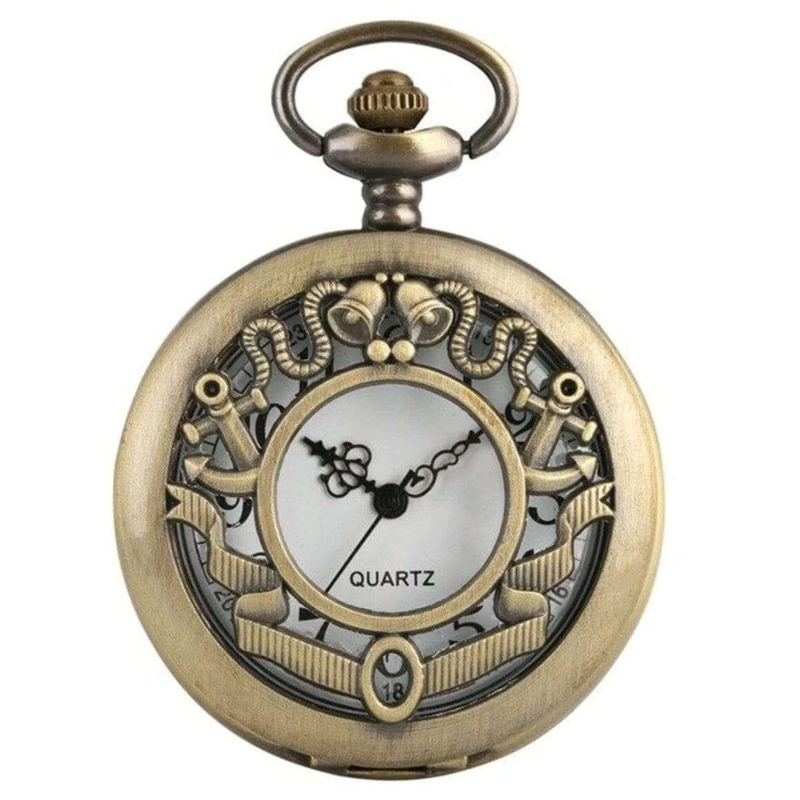 Close-up of a brass-colored pocket watch with an anchor design.