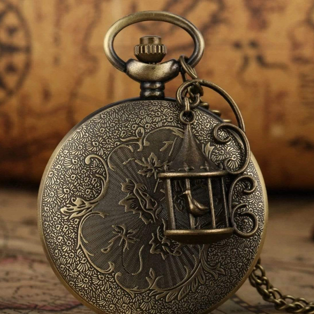 Close-up of a bronze pocket watch with a birdcage charm, ornate floral designs, and a brown map background.