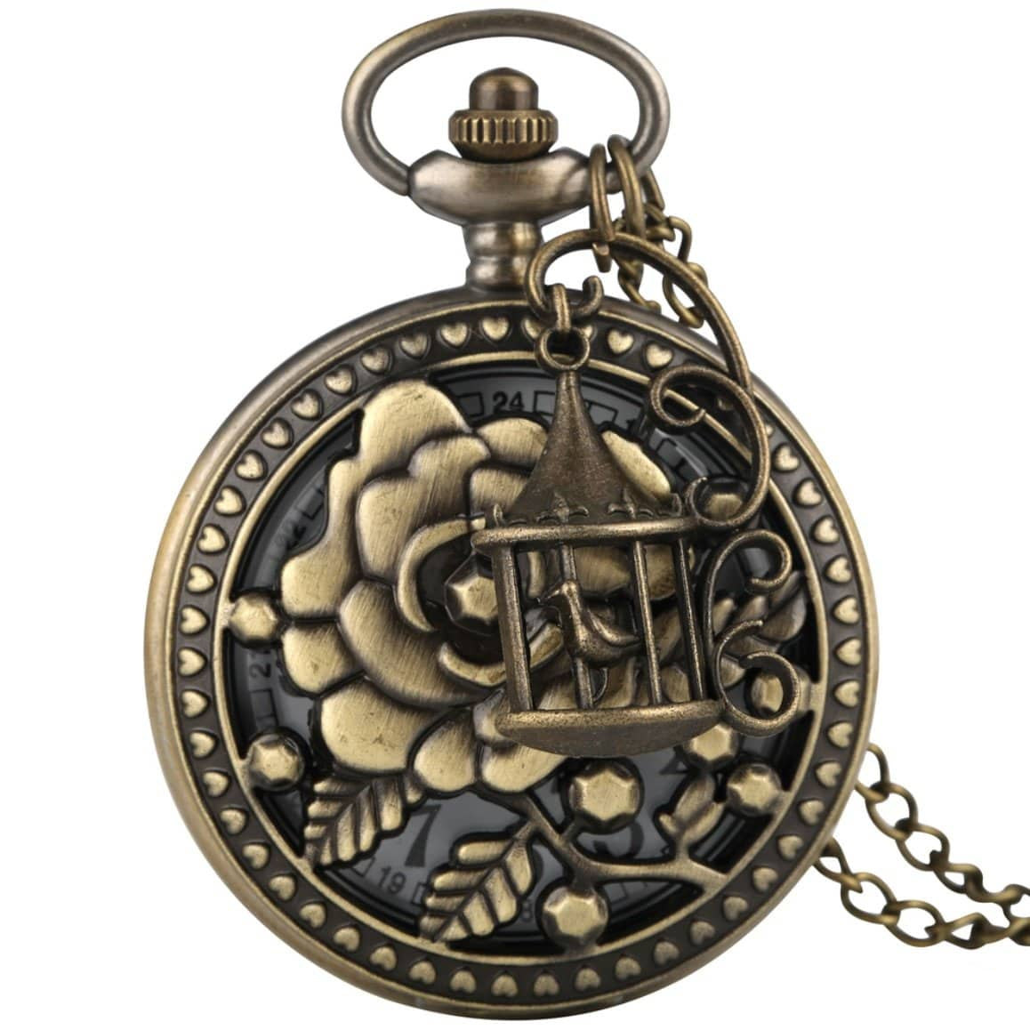 Bronze-colored pocket watch with rose, birdcage, and chain.