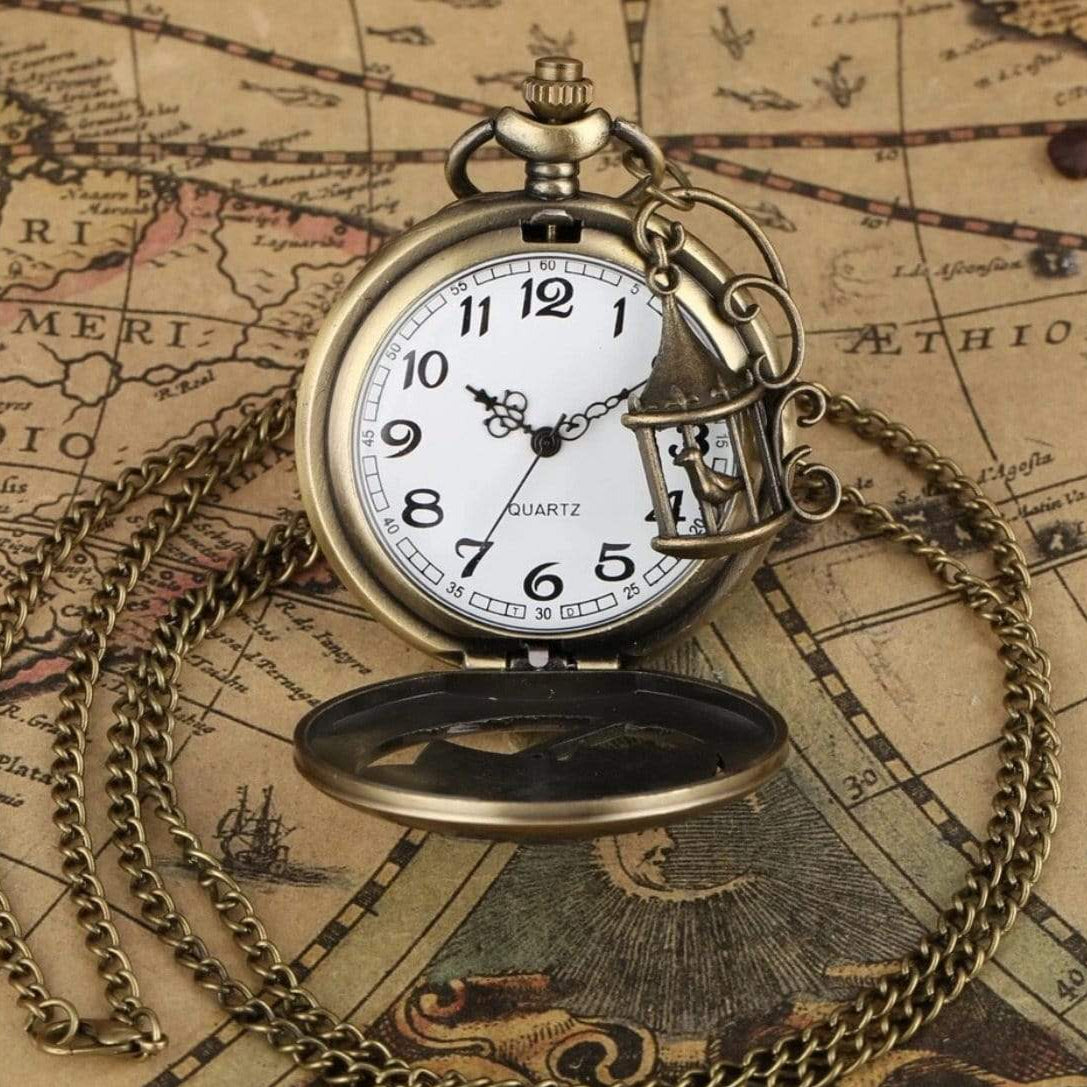 Bronze pocket watch with chain on antique map.