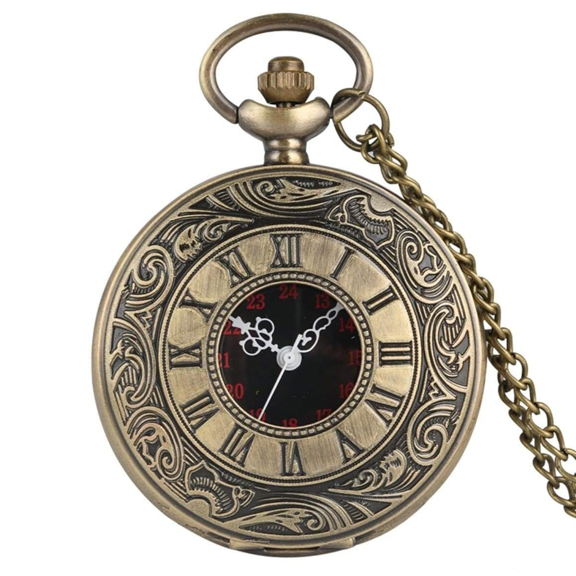 Ornate bronze pocket watch with a black face.
