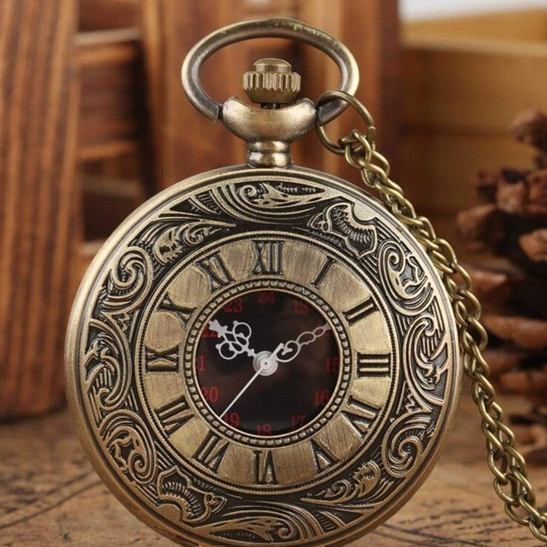 Vintage brass pocket watch with Roman numerals.
