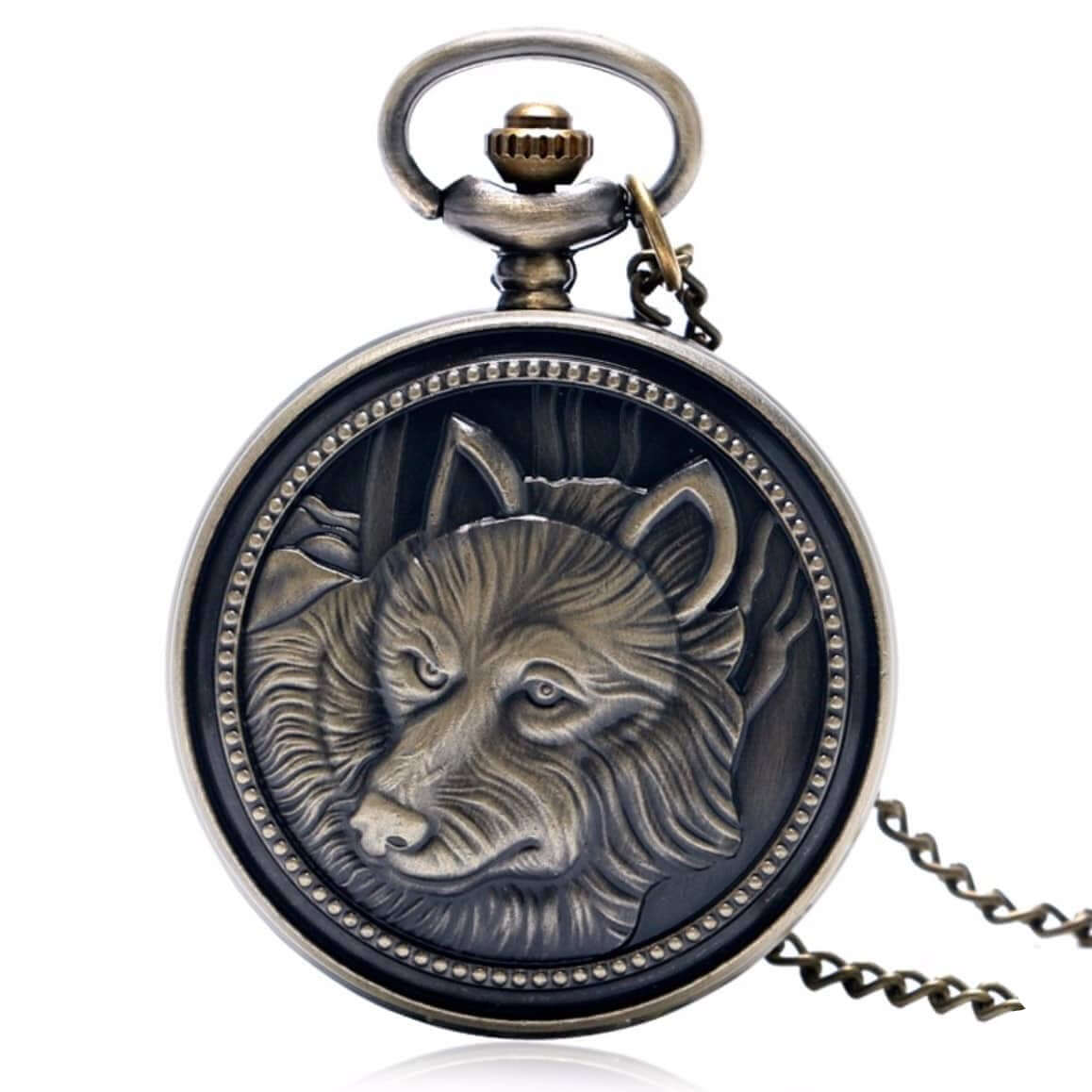 Bronze-colored pocket watch with raised wolf design.
