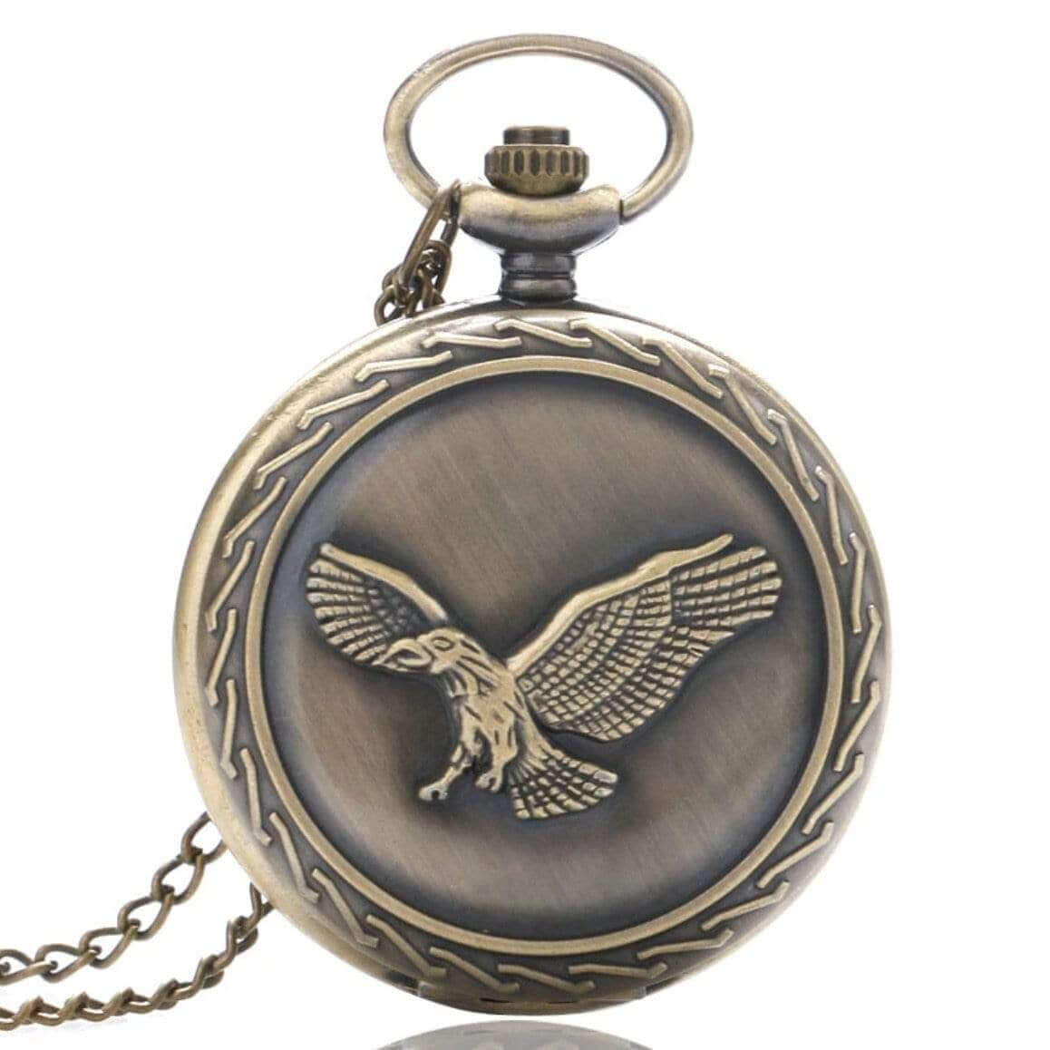 Bronze-toned pocket watch with eagle design.
