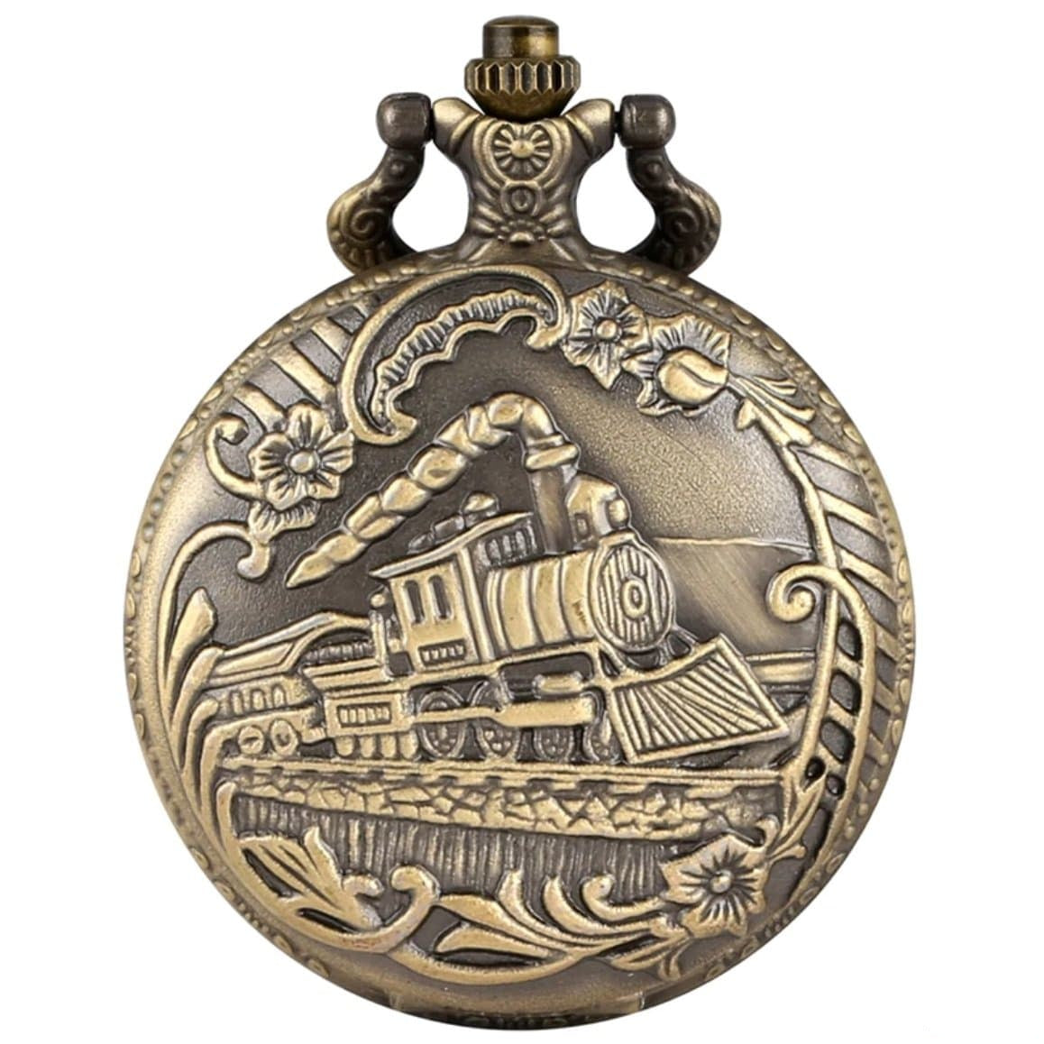 Bronze pocket watch with embossed train design.
