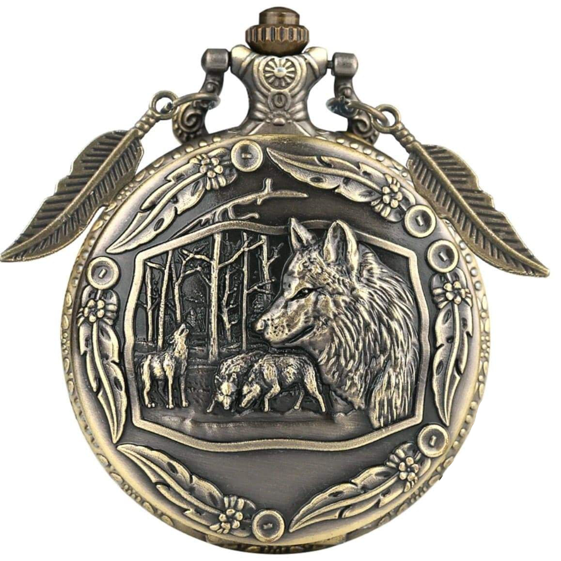 Bronze pocket watch with wolf scene.

