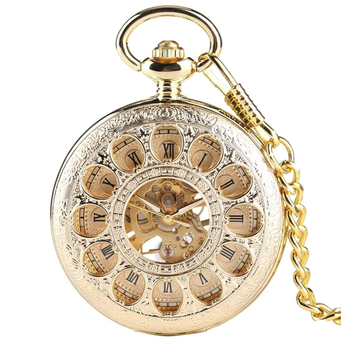 Gold-colored pocket watch with chain.
