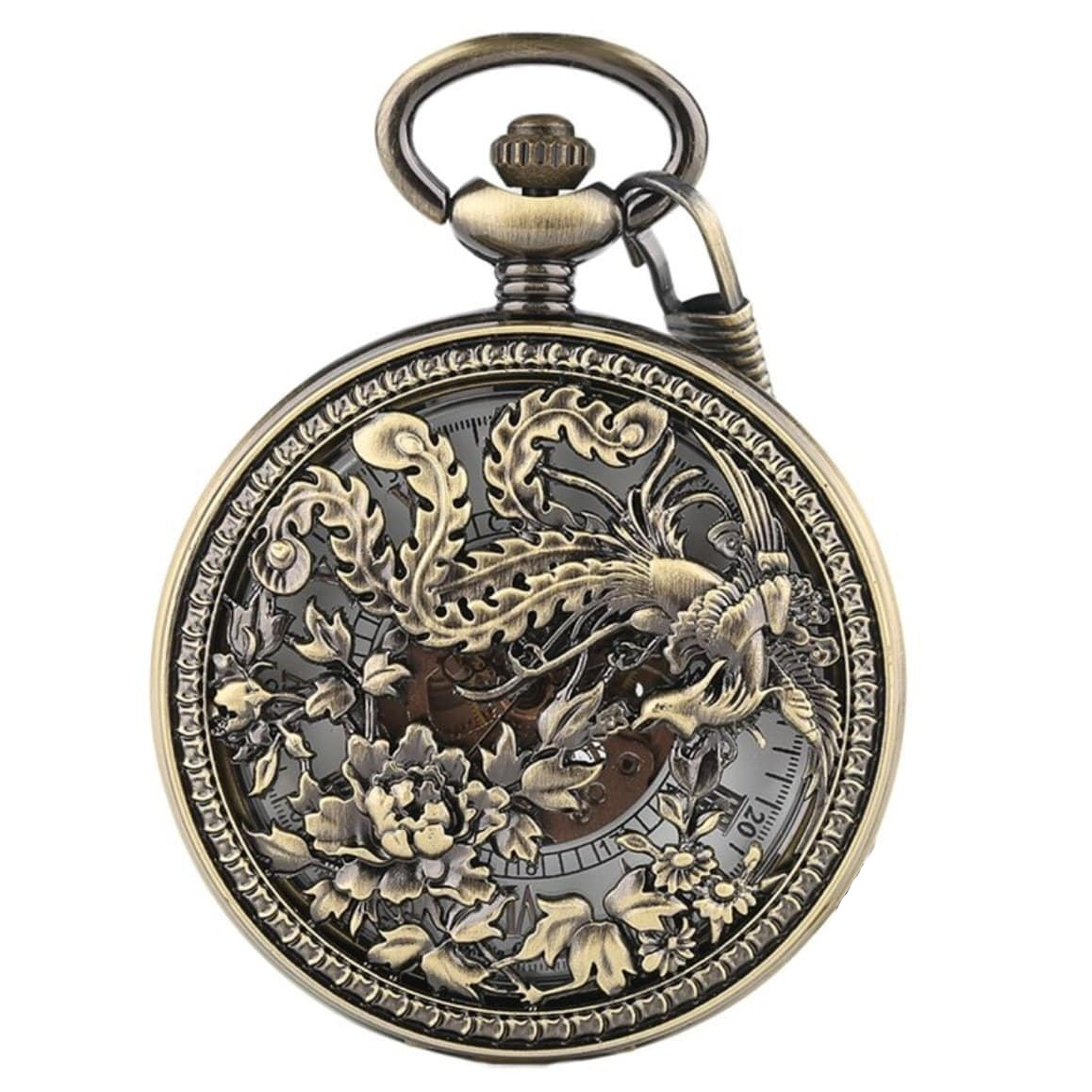 Bronze pocket watch with a floral and bird design.
