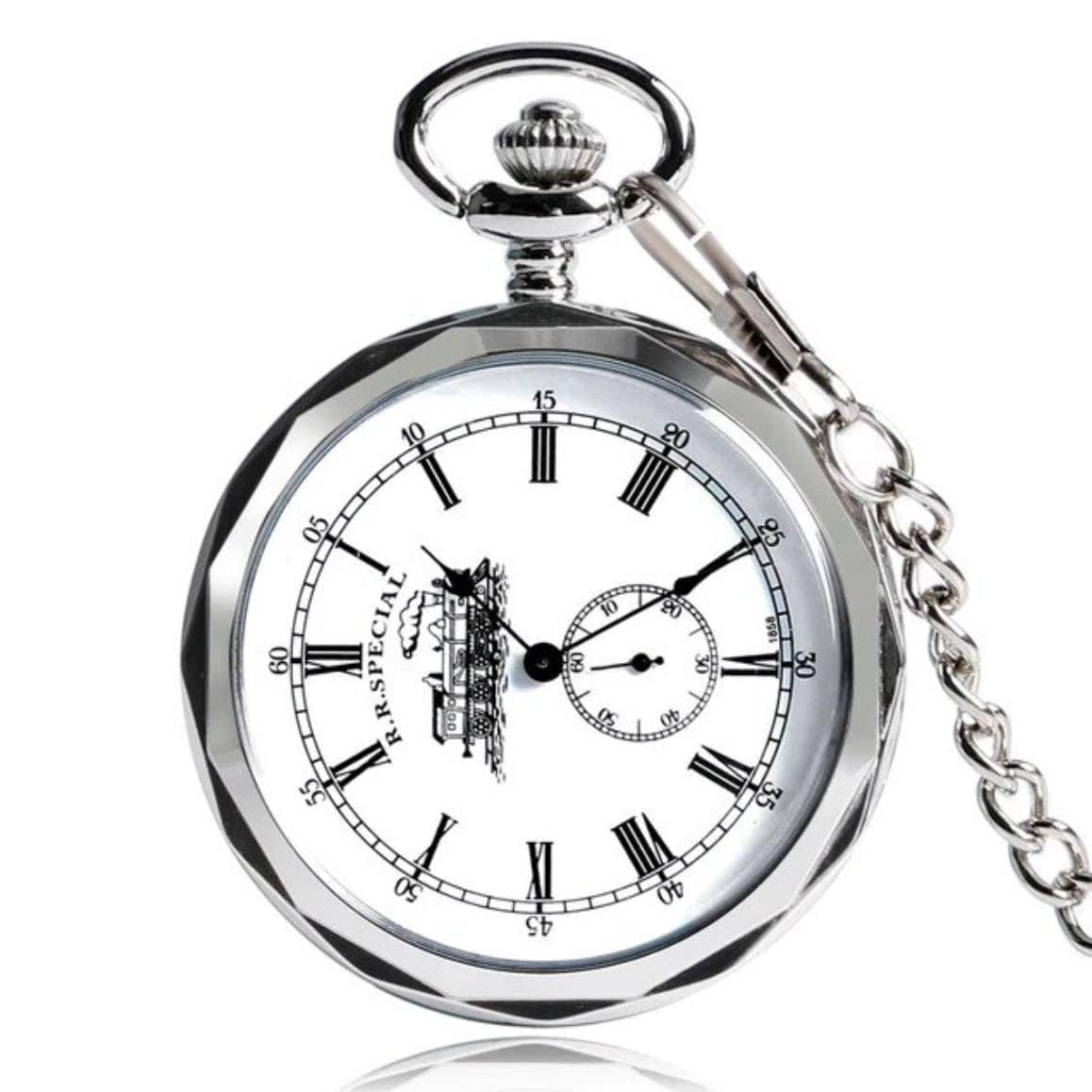 Silver pocket watch with white face and chain.
