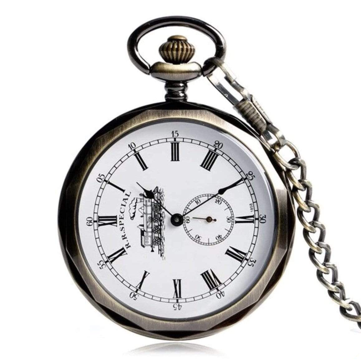 Close-up of a vintage-style brass pocket watch with a white face, Roman numerals, train graphic, and attached chain.