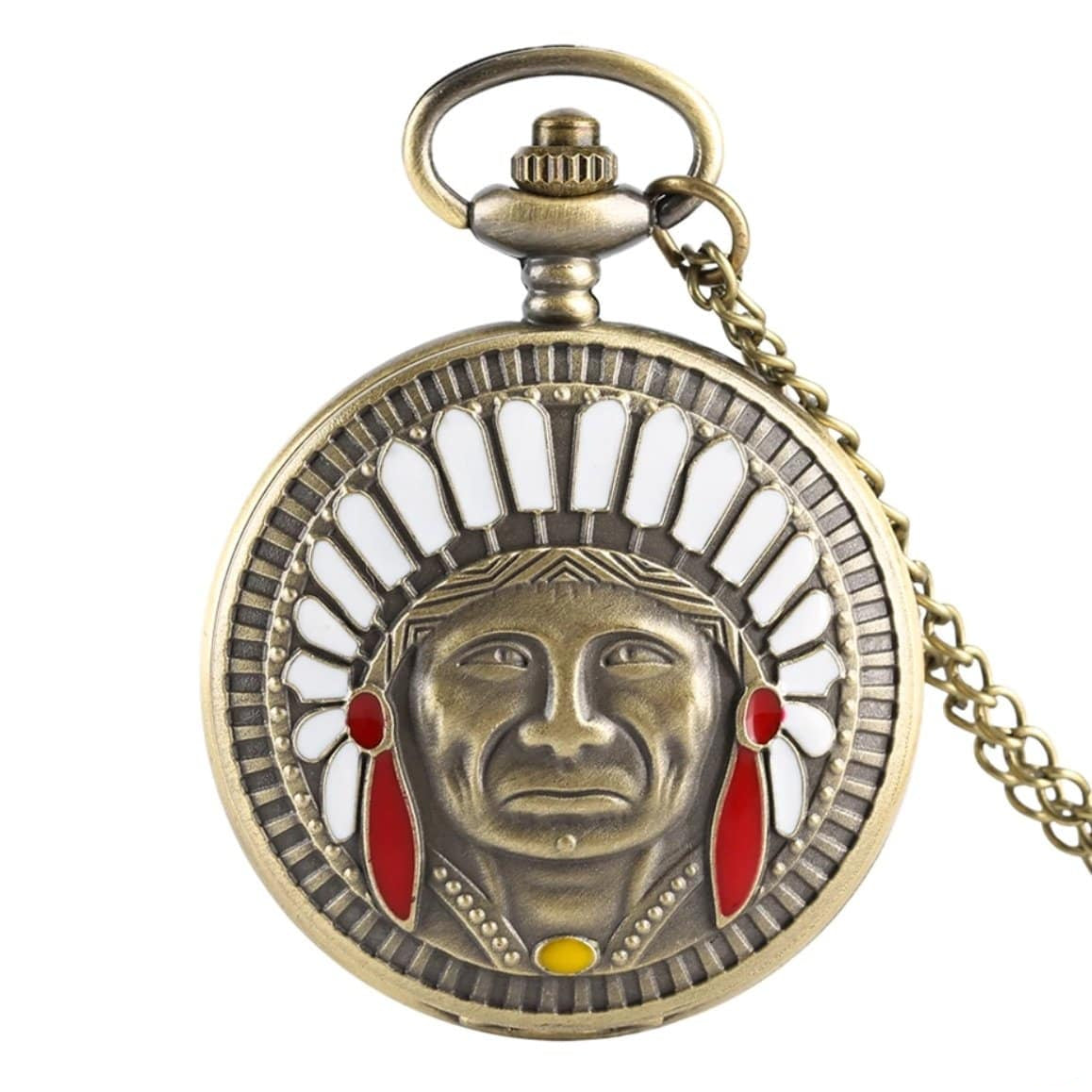 A bronze-colored pocket watch with a Native American chief design.