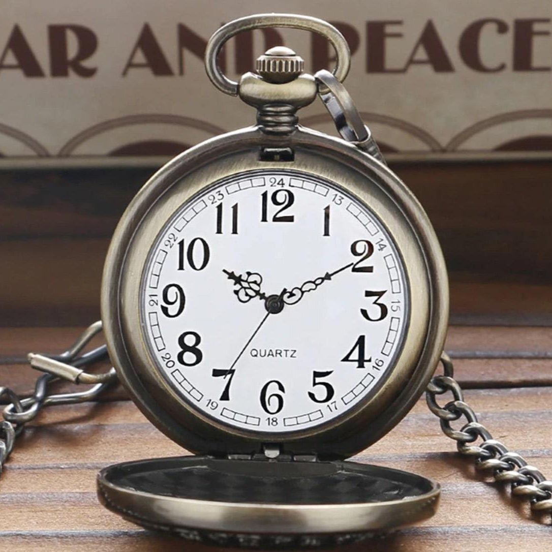 Antique-style pocket watch with chain.